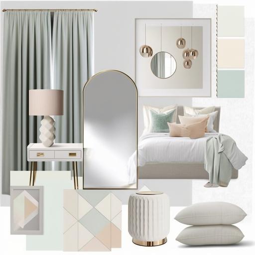 moodboard design interior bedroom in a modern style, dressing table with an asymmetrical mirror and lighting, ivory double bed, curtains with geometric print, pastel colors, decorative pillows on the bed