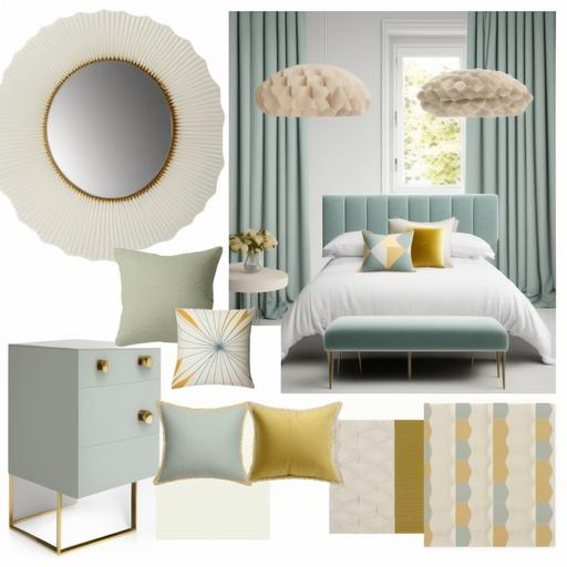 moodboard design interior bedroom in a modern style, dressing table with an asymmetrical mirror and lighting, ivory double bed, curtains with geometric print, pastel colors, decorative pillows on the bed