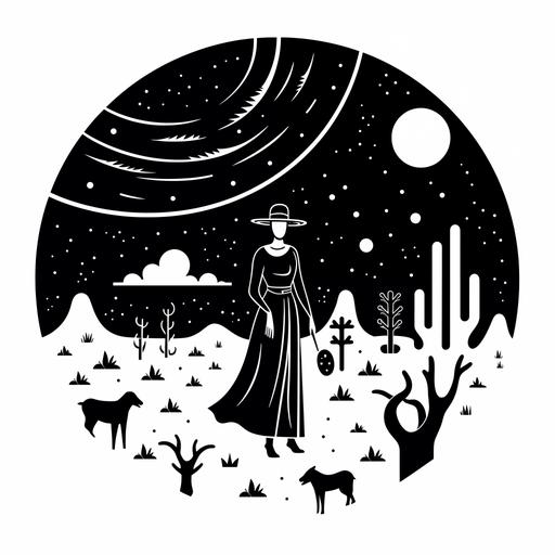 moon child nomadic desert women icons thick lines black and white linocut style illustration simple vector