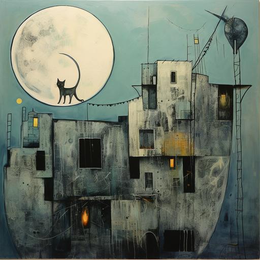 moon from above, house hanging with a rope from the moon, strange green gray buildings, egiptian cat, spider, old oild paint