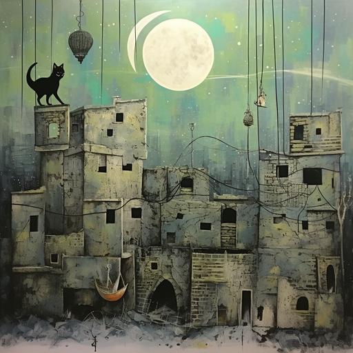 moon from above, house hanging with a rope from the moon, strange green gray buildings, egiptian cat, spider, old oild paint