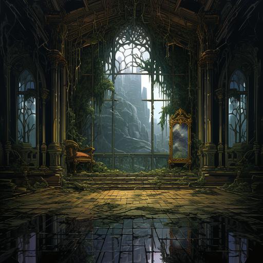 pixel art 2d game rpg, the room very huge mirror mirror gothic beautiful woodwork all in the style Yoshitaka Amano, tones pastel