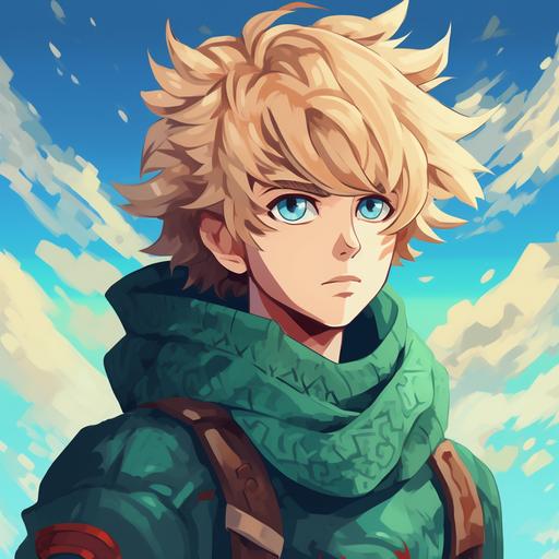 youtube profile icon, young blond male, blue green eyes, stylish fabric, bluish background colors, adventurer, mediaval ghibli style and pastel color in pixel art