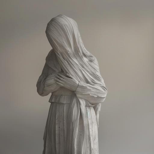realistic photo Light background figure of a woman in full height Woman stone figure covered with a veil with her hands hugging herself standing at full height --v 6.0