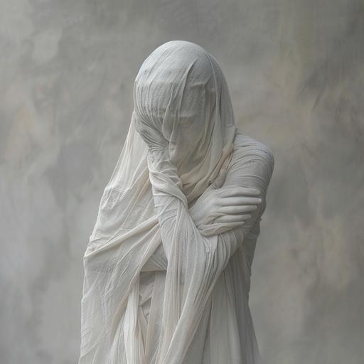 realistic photo Light background figure of a woman in full height Woman stone figure covered with a veil with her hands hugging herself standing at full height