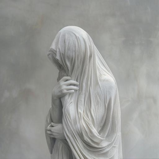 realistic photo Light background figure of a woman in full height Woman stone figure covered with a veil with her hands hugging herself standing at full height
