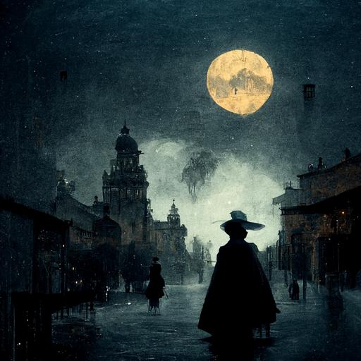 moonlight Victorian city, mysterious figure with poncho and wide brimmed gaucho hat, bats flying in background, spooky environment, full moon