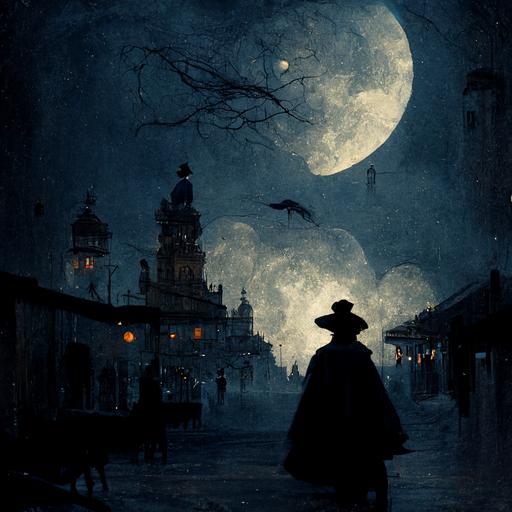 moonlight Victorian city, mysterious figure with poncho and wide brimmed gaucho hat, bats flying in background, spooky environment, full moon