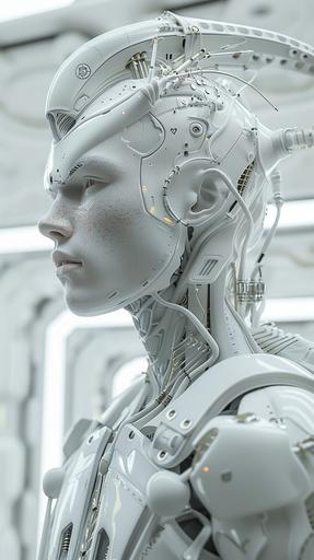 A person with pure white skin in 2050. The hair is also pure white and futuristic machine. Clothes are also pure white and futuristic machine. His neck and ears are robotic. He has mechanical horns, which are also white. The background is white in a fantastic, futuristic space. The skin is also machine-like. The camera is taking a picture of the whole body. 16K, ultra realistic --ar 9:16 --v 6.0