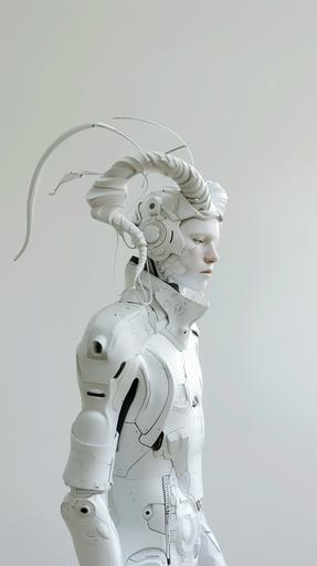 A person with pure white skin in 2050. The hair is also pure white and futuristic machine. His clothes are also pure white and futuristic. His neck and ears are like a robot's. The background is also pure white. He has mechanical horns, which are also white. The background is pure white and fantastic. The skin is also machine-like. The camera is taking a picture of the whole body. 16K, ultra realistic --ar 9:16 --v 6.0