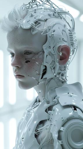 A person with pure white skin in 2050. The hair is also pure white and futuristic machine. Clothes are also pure white and futuristic machine. His entire face is robotic. It has mechanical eyes, which are also white. The background is white in a fantastic, futuristic space. The skin is also machine-like. The camera is taking a picture of the whole body. 16K, ultra realistic --ar 9:16 --v 6.0