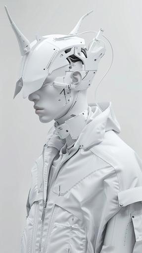 A person with pure white skin in 2050. The hair is also pure white and futuristic machine. His clothes are also pure white and futuristic. His neck and ears are like a robot's. The background is also pure white. He has mechanical horns, which are also white. The background is pure white and fantastic. The skin is also machine-like. The camera is taking a picture of the whole body. 16K, ultra realistic --ar 9:16 --v 6.0