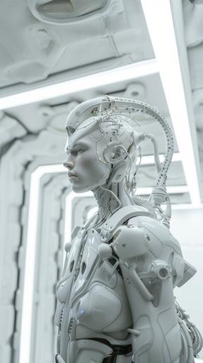 A person with pure white skin in 2050. The hair is also pure white and futuristic machine. Clothes are also pure white and futuristic machine. His neck and ears are robotic. He has mechanical horns, which are also white. The background is white in a fantastic, futuristic space. The skin is also machine-like. The camera is taking a picture of the whole body. 16K, ultra realistic --ar 9:16 --v 6.0