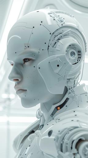 A person with pure white skin in 2050. The hair is also pure white and futuristic machine. Clothes are also pure white and futuristic machine. His entire face is robotic. It has mechanical eyes, which are also white. The background is white in a fantastic, futuristic space. The skin is also machine-like. The camera is taking a picture of the whole body. 16K, ultra realistic --ar 9:16 --v 6.0