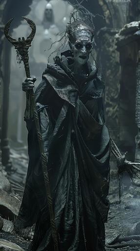 A scary human witch. The witch carries a staff that looks like a weapon. The witch is in a dark, ominous ruin, chanting some kind of Buddhist prayer and looking toward the camera. 16K, ultra realistic --ar 9:16 --v 6.0