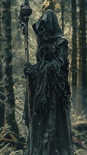 A scary human witch. The witch carries a staff that looks like a weapon. The witch is in a dark ominous forest and is looking at us while chanting some kind of Buddhist prayer. 16K, ultra realistic --ar 9:16 --v 6.0