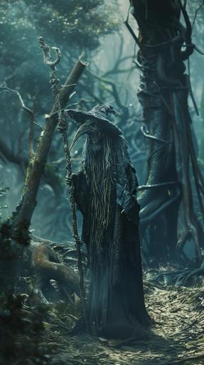 A scary witch with a long nose. The witch carries a staff that looks like a weapon. The witch is in a dim, ominous forest. The witch is chanting. The trees in the forest are alive. 16K, ultra realistic --ar 9:16 --v 6.0