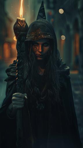 A witch whose eyes, nose and mouth are not human. The witch carries a staff that looks like a weapon. The witch is in a dark, ominous 12th century Egyptian downtown in the middle of the night, chanting some kind of prayer and looking toward the camera from a distance. 16K, ultra realistic --ar 9:16 --v 6.0