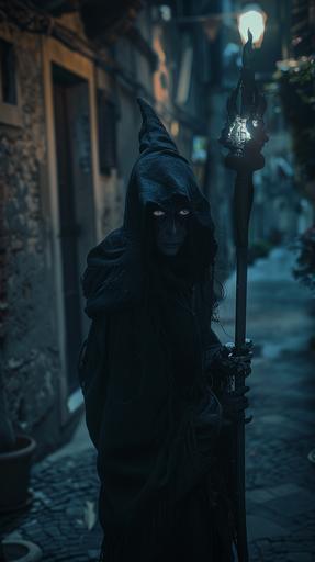 A witch whose eyes, nose and mouth are not human. The witch carries a staff that looks like a weapon. The witch is in a dark, ominous 12th century Italian downtown in the middle of the night, chanting some kind of prayer and looking toward the camera from a distance. 16K, ultra realistic --ar 9:16 --v 6.0