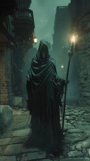 A witch whose eyes, nose and mouth are not human. The witch carries a staff that looks like a weapon. The witch is in a dark, ominous 12th century Egyptian downtown in the middle of the night, chanting some kind of prayer and looking toward the camera from a distance. 16K, ultra realistic --ar 9:16 --v 6.0