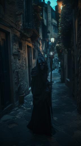 A witch whose eyes, nose and mouth are not human. The witch carries a staff that looks like a weapon. The witch is in a dark, ominous 12th century Italian downtown in the middle of the night, chanting some kind of prayer and looking toward the camera from a distance. 16K, ultra realistic --ar 9:16 --v 6.0