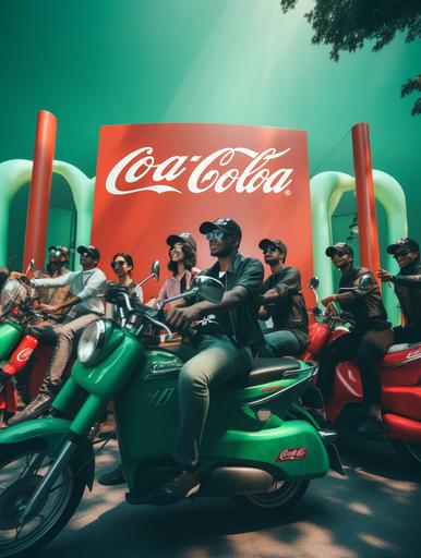 a group of people waiting in front of Grab and Coca-cola installation, with green and red color combination. A group of motor bikes with riders who wears iconic green helmet and green jacket. cartoon style. warm and cozy vibes with day sun light in the middle of the day. --ar 3:4