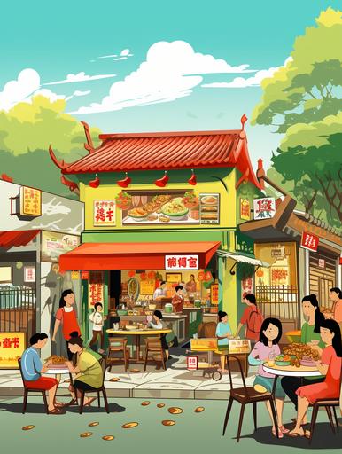 a small noodles street food in rural city. Cartoon style. The color of the shop are red, green, and little yellow. we can see the kitchen and the cook in front of it. A group of people dining. --ar 3:4