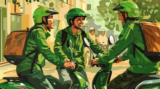 an illustration of Grab bike drivers with iconic green jacket and green helmet on their side, they talk to each other like they have a break season. Fun and warm vibes. --ar 16:9