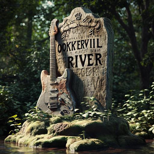 Okkervil River R.IP. by Okkervil River, a tombstone in the shape of a guitar with the words 