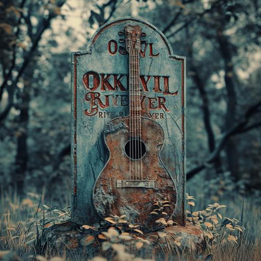 Okkervil River R.IP. by Okkervil River, a tombstone in the shape of a guitar with the words 