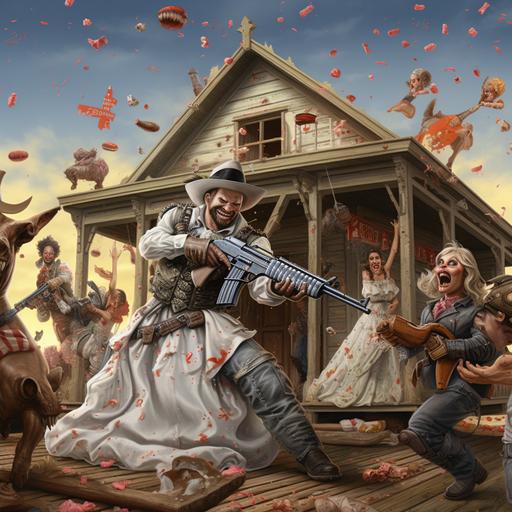 butcher redneck shotgun wedding cowboy Wonderland multiplying haze, by Tiago Hoisel