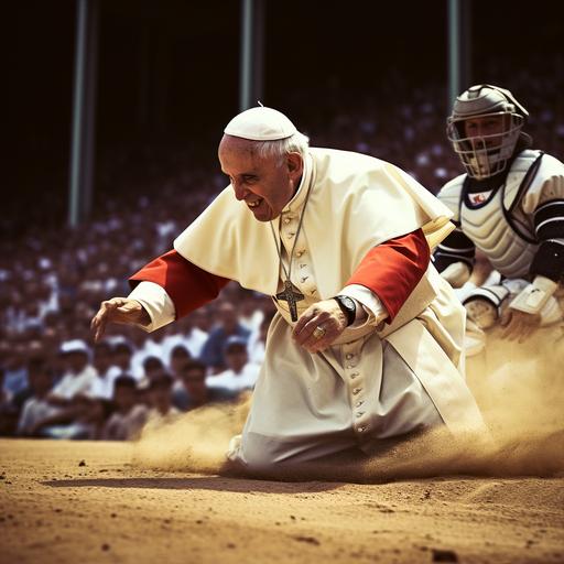 the pope as a baseball player sliding into home plate to beat the tag, award winning sports photograph
