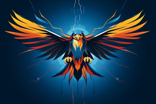 Thunder in the backgrounds. Create a cartoon-style image of a thunderbird as envisioned in Native American lore. The thunderbird is characterized by exaggerated features typical of animation: large expressive eyes, a bold and colorful plumage with vibrant blues, yellows, and reds, and a stylized beak from which cartoon-style lightning bolts are emanating. The creature's pose is dynamic and heroic, reminiscent of classic animated movies. The background is a playful, less threatening portrayal of a stormy sky, with fluffy, dark clouds and zigzagging, simple lightning bolts to match the cartoon aesthetic. --ar 3:2