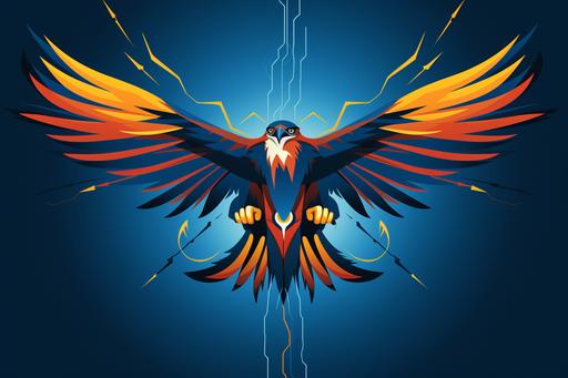 Thunder in the backgrounds. Create a cartoon-style image of a thunderbird as envisioned in Native American lore. The thunderbird is characterized by exaggerated features typical of animation: large expressive eyes, a bold and colorful plumage with vibrant blues, yellows, and reds, and a stylized beak from which cartoon-style lightning bolts are emanating. The creature's pose is dynamic and heroic, reminiscent of classic animated movies. The background is a playful, less threatening portrayal of a stormy sky, with fluffy, dark clouds and zigzagging, simple lightning bolts to match the cartoon aesthetic. --ar 3:2
