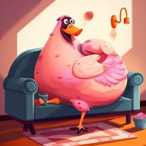 morbidly obese flamingo bird character sitting on a couch, eating bacon, cartoon --s 850 --no watermark, signature, words, text, writing, letters, stamp --v 5 --q 2