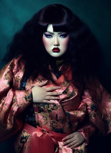 morbidly obese model with kote kei long hairstyle wearing a glam rock Gucci flared sleeved bodysuit, strong visual kei makeup by shiseido. Vogue Japan editorial photo midsection shot, fashion shoot by Petra Collins --ar 8:11 --v 5 --q 2 --upbeta --v 5