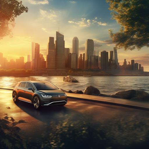 more foreground elements. a cinematic cityscape with buildings and water similar to chicago at golden hour. we see buildings, trees, boats and water. volkswagon electric vehicle car ad with the car being driven by a man