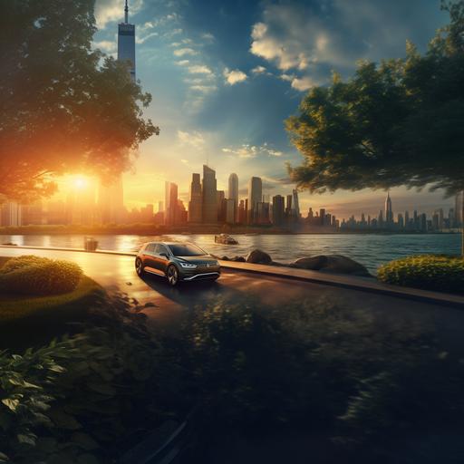 more foreground elements. a cinematic cityscape with buildings and water similar to chicago at golden hour. we see buildings, trees, boats and water. volkswagon electric vehicle car ad with the car being driven by a man