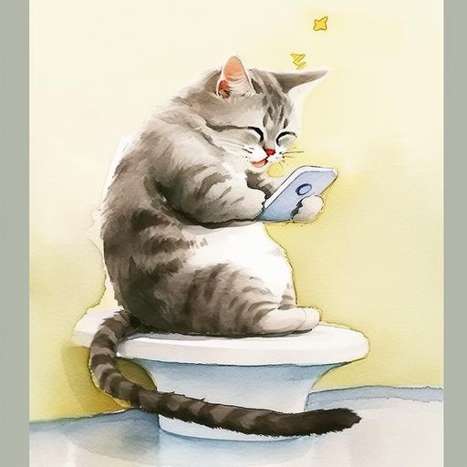 more simple,big brush  cat is sitting on top of toilet and is playing with mobile phone while on toilet, cartoon style, candid celebrity shots, kombuchapunk, photo, shiny, eye-catching, mottled --niji 5 --style cute
