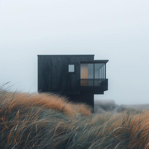 morning fog, dew, photo of a black small wooden house sitting on top of tall grass, in the style of modern minimalist, concrete and glass, sheesham timber, dutch marine scenes, weathercore, traditional-modern fusion, minimalist nature studies, timber frame construction, polymorphic design, parametric geometry, wimmelbilder, loong dragon windchime - Image #3  - Upscaled (Subtle) by  (fast) --v 6.0 --s 250