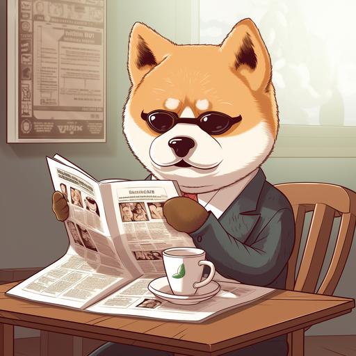 morning scene a Shiba Inu drinking coffee and reading the newspaper, cartoon style
