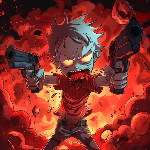 morty, angry, with meha pistol, backround hell, red style