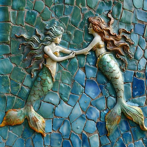 mosaic mermaids graffiti , blues , greens , tiles , --v 6.0 --s 250