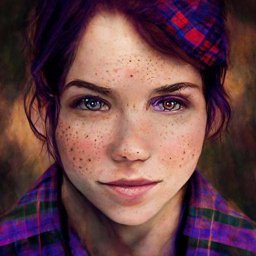 most gorgeous face with freckles, purple eyes, plaid shirt, portrait style, photo realistic