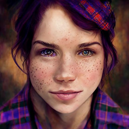 most gorgeous face with freckles, purple eyes, plaid shirt, portrait style, photo realistic
