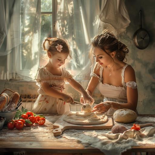mother and child preparing pizza dough in the kitchen, on a wooden table, sunny day, modern photo, photo quality