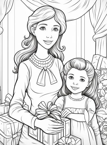 mother and daughter holding each other presents, family relationship coloring page vector illustration, in the style of jan berenstain, zeiss otus 85mm f/1.4 apo planar t*, anatoly metlan, hand-coloring, hyman bloom, associated press photo, free-associative --ar 14:19