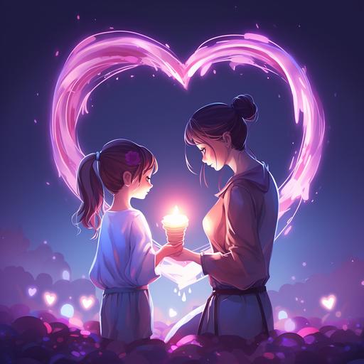 [mother daughter holding candle inside a heart shaped ribbon], [light, pink, rose, blue, purple] every low detail, hand drawn, animated-  (fast)