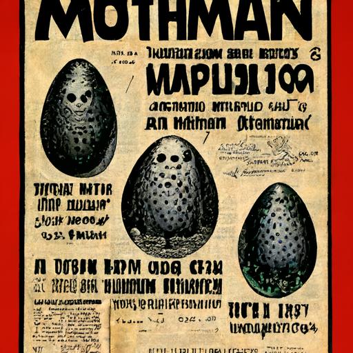 mothman eggs + advertisement from the 1950s + pulp illustration + magazine ad + mothman mascot + horror + campy + intricate patterns + wide angle + overlaying ink details + ar ratio 9:16 - test