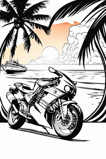 moto sportive near beach white background, cartoon anime style, style of the coloring book, colorful details, vector lines, black and white --ar 2:3 --v 4 --s 300
